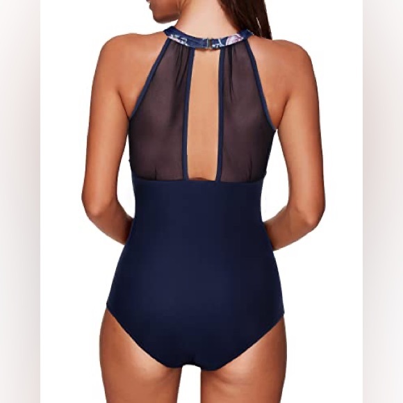 Holipick Halter High Neck Mesh Plunge With Tummy Control-Navy Blue Floral - Picture 2 of 4